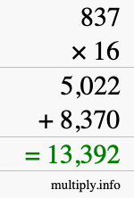How to calculate 837 times 16 using long multiplication