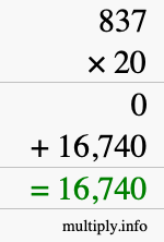 How to calculate 837 times 20 using long multiplication