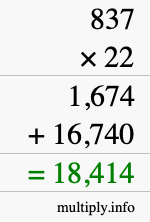 How to calculate 837 times 22 using long multiplication