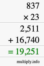 How to calculate 837 times 23 using long multiplication