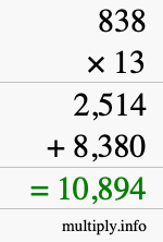 How to calculate 838 times 13 using long multiplication
