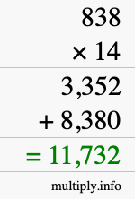 How to calculate 838 times 14 using long multiplication