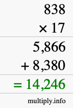 How to calculate 838 times 17 using long multiplication