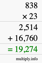 How to calculate 838 times 23 using long multiplication