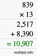 How to calculate 839 times 13 using long multiplication