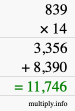 How to calculate 839 times 14 using long multiplication