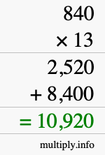 How to calculate 840 times 13 using long multiplication