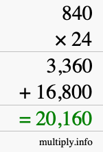 How to calculate 840 times 24 using long multiplication