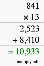 How to calculate 841 times 13 using long multiplication