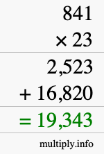 How to calculate 841 times 23 using long multiplication