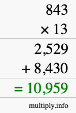 How to calculate 843 times 13 using long multiplication