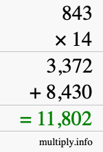 How to calculate 843 times 14 using long multiplication