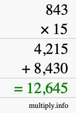 How to calculate 843 times 15 using long multiplication