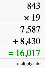 How to calculate 843 times 19 using long multiplication