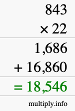 How to calculate 843 times 22 using long multiplication