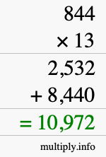 How to calculate 844 times 13 using long multiplication