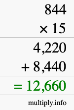 How to calculate 844 times 15 using long multiplication