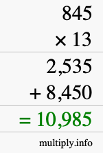 How to calculate 845 times 13 using long multiplication