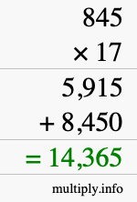 How to calculate 845 times 17 using long multiplication