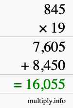 How to calculate 845 times 19 using long multiplication