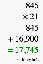 How to calculate 845 times 21 using long multiplication