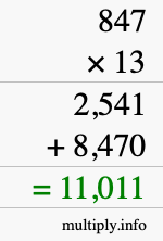 How to calculate 847 times 13 using long multiplication