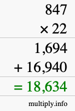 How to calculate 847 times 22 using long multiplication