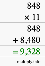 How to calculate 848 times 11 using long multiplication
