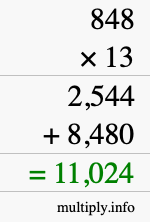How to calculate 848 times 13 using long multiplication
