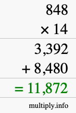 How to calculate 848 times 14 using long multiplication