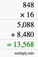 How to calculate 848 times 16 using long multiplication