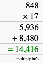 How to calculate 848 times 17 using long multiplication