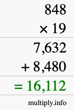 How to calculate 848 times 19 using long multiplication