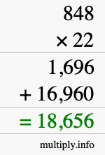 How to calculate 848 times 22 using long multiplication