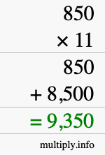 How to calculate 850 times 11 using long multiplication
