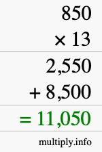 How to calculate 850 times 13 using long multiplication