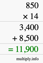 How to calculate 850 times 14 using long multiplication