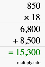 How to calculate 850 times 18 using long multiplication