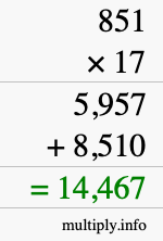 How to calculate 851 times 17 using long multiplication