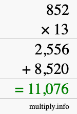 How to calculate 852 times 13 using long multiplication