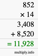 How to calculate 852 times 14 using long multiplication