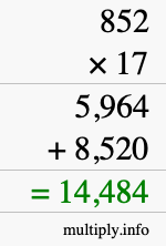 How to calculate 852 times 17 using long multiplication