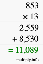 How to calculate 853 times 13 using long multiplication