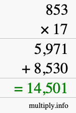 How to calculate 853 times 17 using long multiplication
