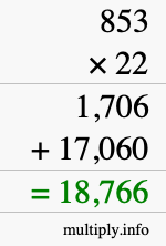 How to calculate 853 times 22 using long multiplication