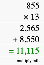 How to calculate 855 times 13 using long multiplication