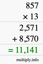 How to calculate 857 times 13 using long multiplication