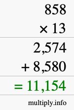 How to calculate 858 times 13 using long multiplication