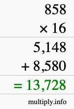 How to calculate 858 times 16 using long multiplication