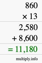 How to calculate 860 times 13 using long multiplication